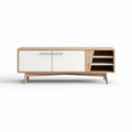 Mueble de televisión de madera clara con puertas blancas y estantes 120 x 40 x 45cm