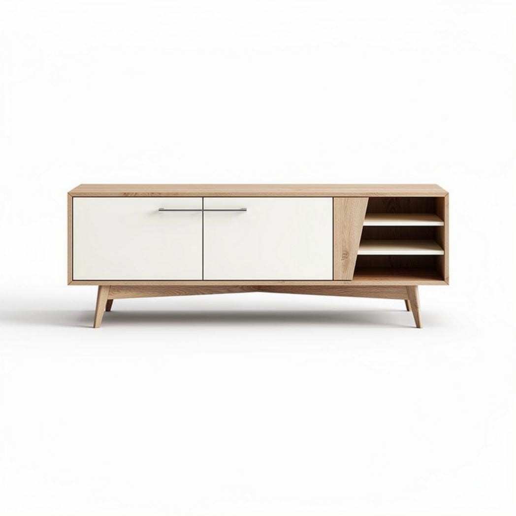 Mueble de televisión de madera clara con puertas blancas y estantes 120 x 40 x 45cm