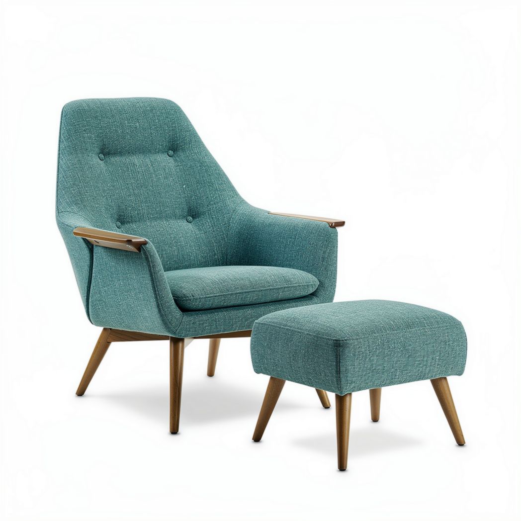 Sillón de tela verde con reposapiés y estructura de madera de 80 x 75 x 90cm