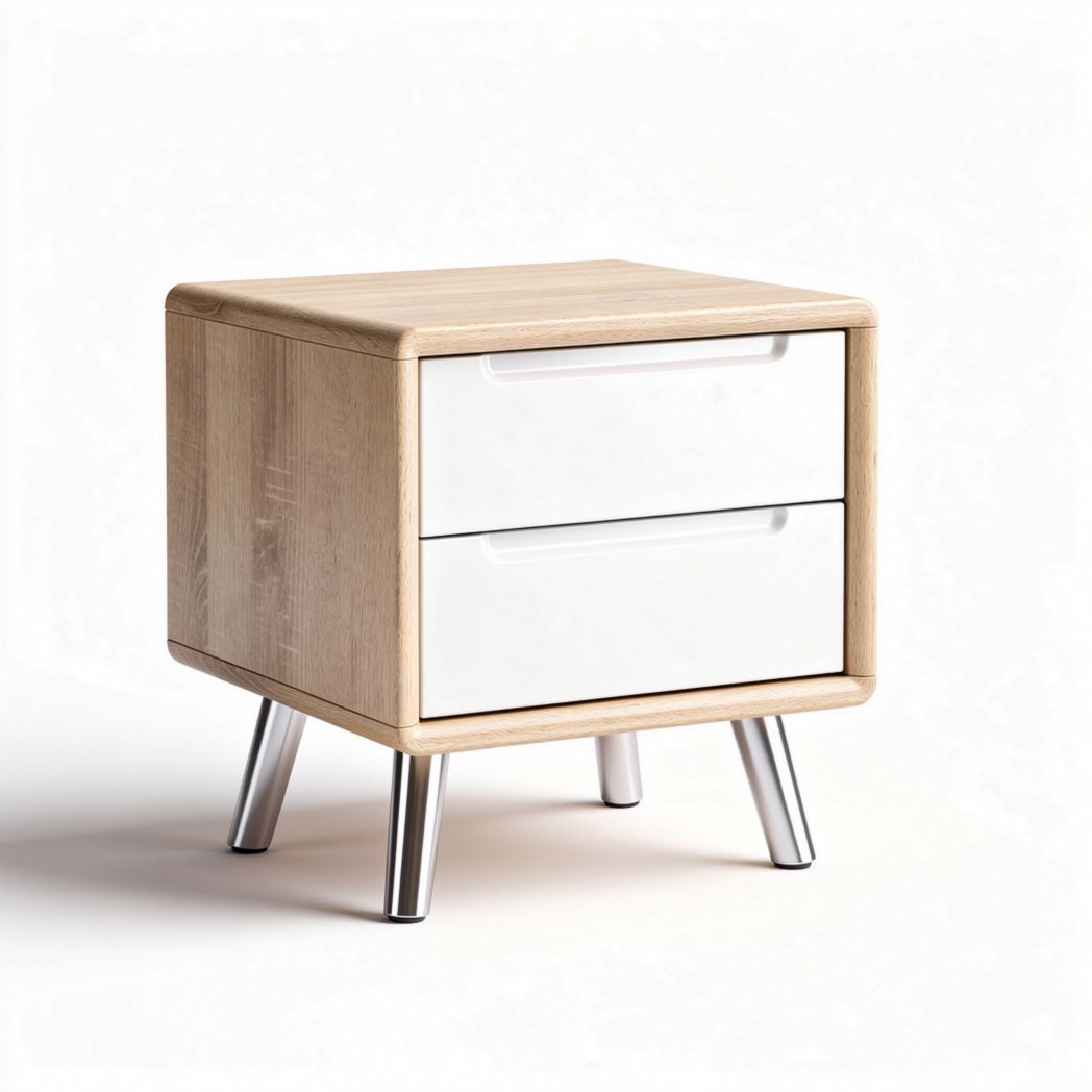 Mesa auxiliar de madera natural con dos cajones y patas metálicas 45 x 45 x 50cm
