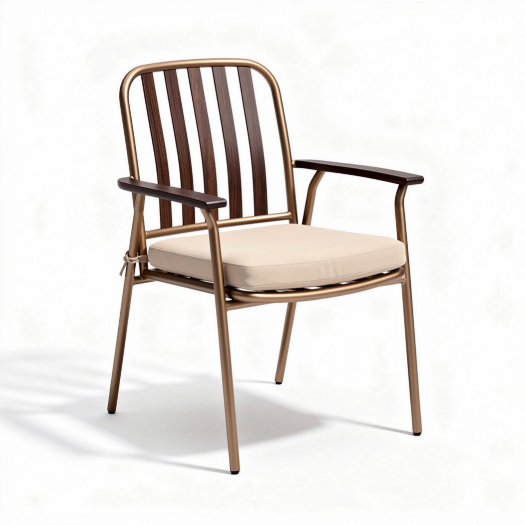 Silla de exterior de metal y madera con cojín beige 45 x 55 x 80cm
