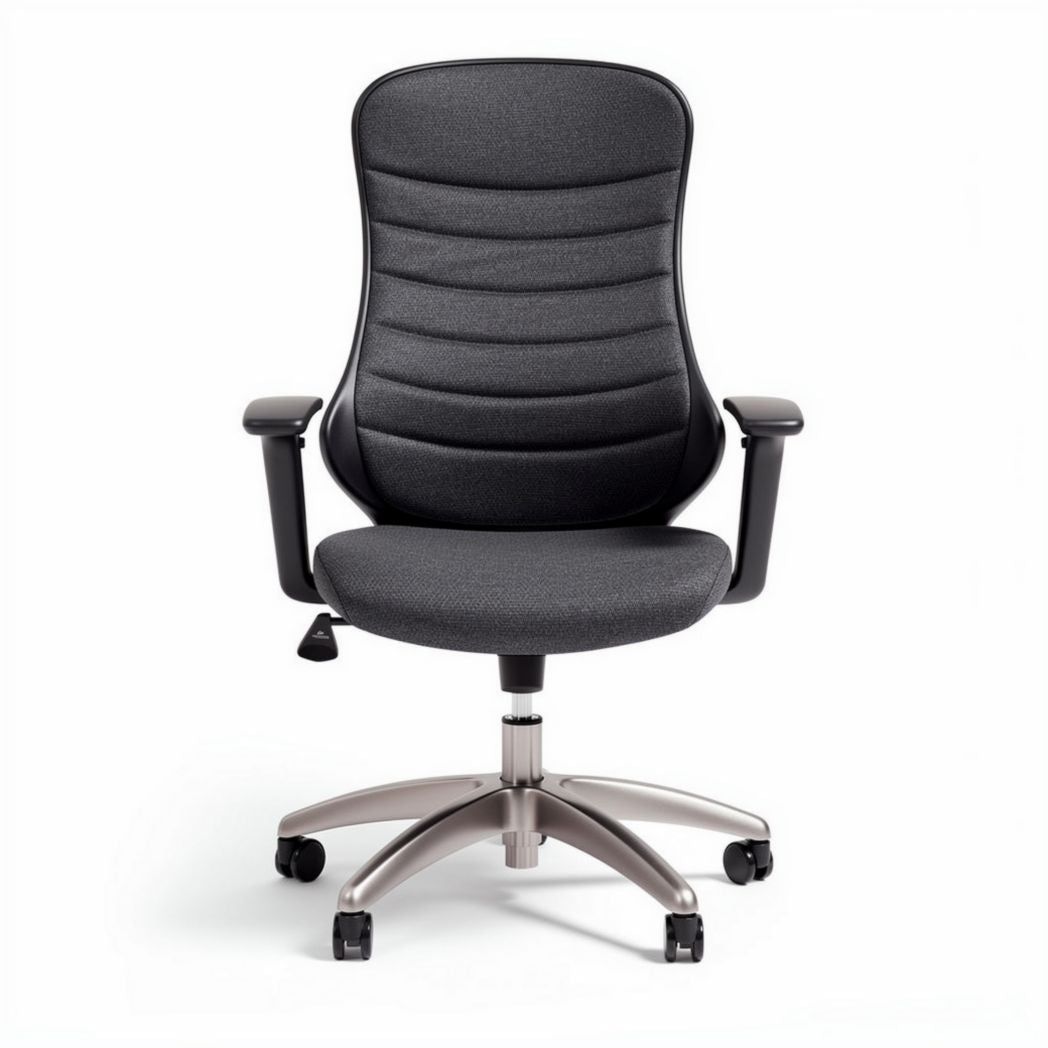 Silla de oficina ergonómica en tela gris con base metálica giratoria