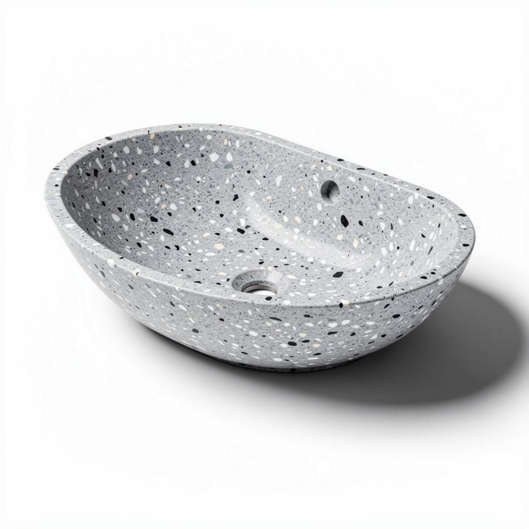 Lavabo ovalado de terrazzo gris para baño dimensiones 45 x 30 x 15cm