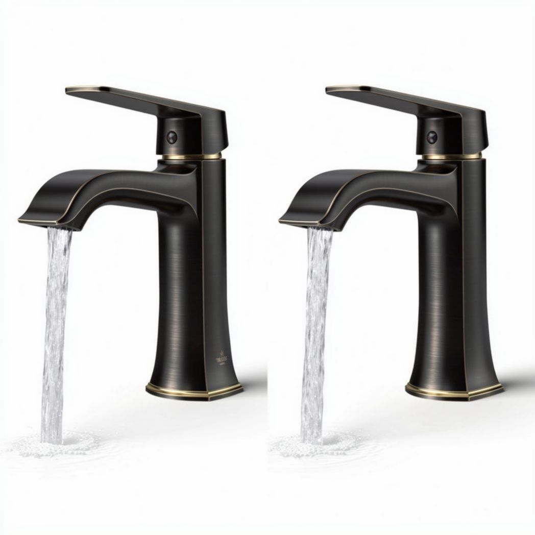 Grifo de baño moderno en acabado negro con detalles dorados 25 x 10 x 15cm